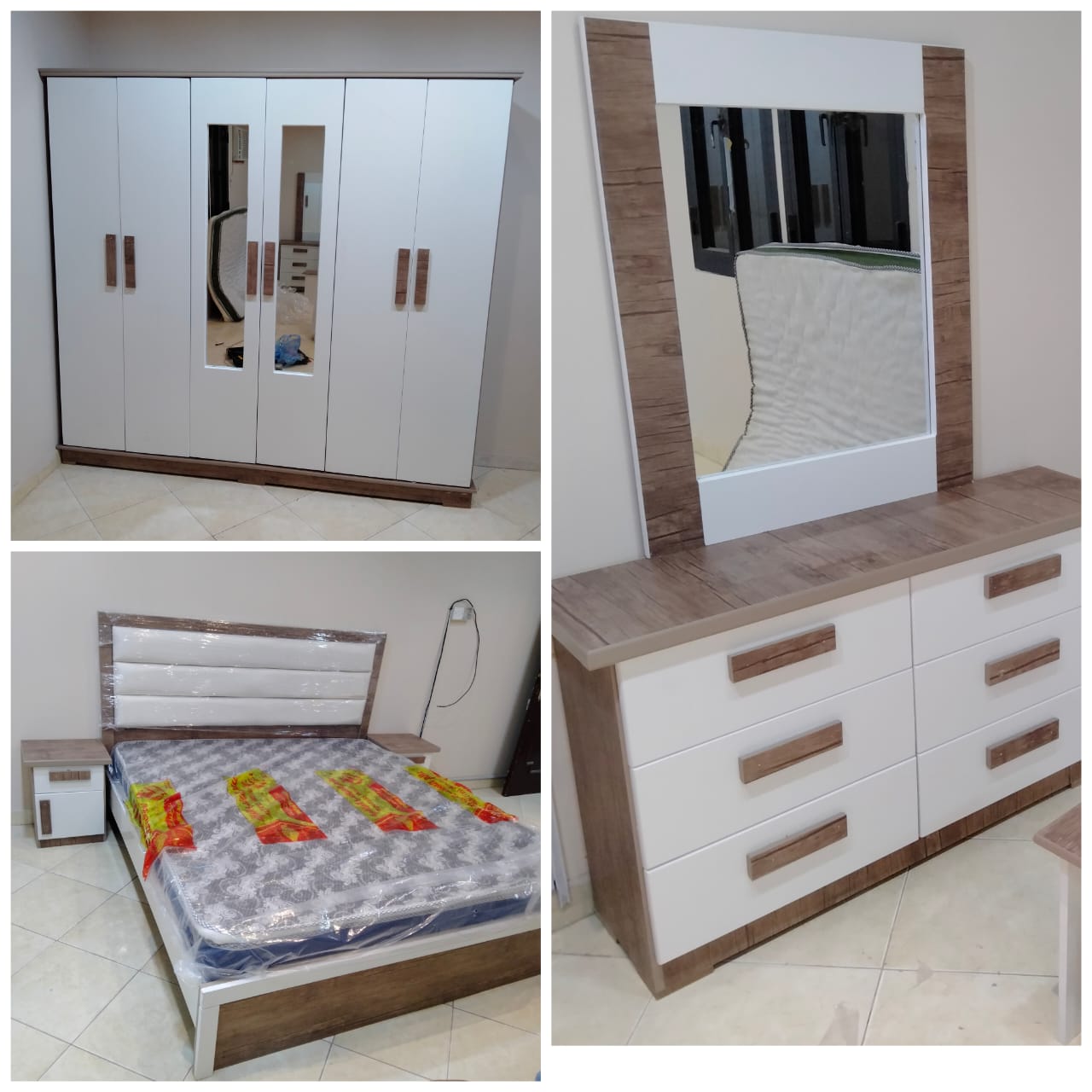 Set Includes: 1. Spacious 6-Door Wardrobe ✔ Built-in mirrors in the center for a sleek and functional design. ✔ Elegant wood & white color combination for a modern touch. ✔ Durable handles with a wooden finish for a premium feel. ✔ Ample storage space for clothes and essentials. 2. Stylish Double Bed ✔ Soft padded headboard for extra comfort. ✔ High-quality wooden frame with a sophisticated white finish. ✔ Comes with a brand-new mattress (plastic-wrapped for protection). ✔ Matching bedside table included for added convenience. 3. Premium Dressing Table with Mirror ✔ 6 spacious drawers for organized storage. ✔ Large mirror with a wooden-textured frame to match the set. ✔ Modern and elegant design that complements any bedroom décor. Price: Only 1,500 SAR 🚚 Fast & Secure Delivery Across Saudi Arabia